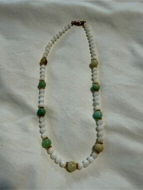 White and Green Beaded Necklace with Gold Accents